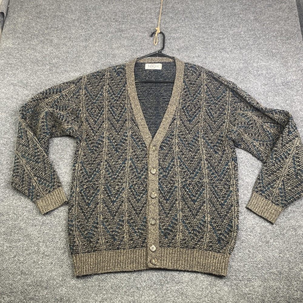 Vintage Jantzen Sweater Mens Lt Brown Geometric Knit Button Cardigan Grandpa Usa